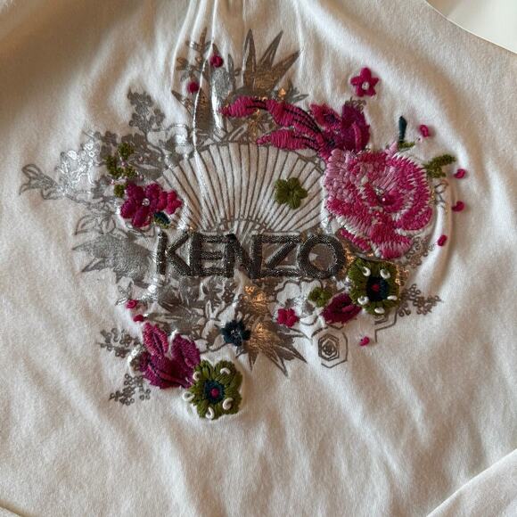 Kenzo Kids Embroidered Floral Long Sleeve Mock Neck Top Cream Size 12 Luxury - Picture 4 of 6